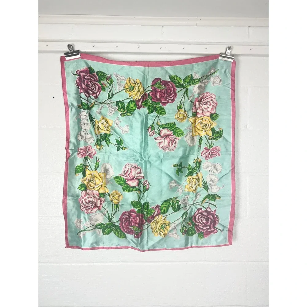 Vintage Brico Rayon Square Scarf Aqua Blue Pink Yellow Floral Rose Print 31x34